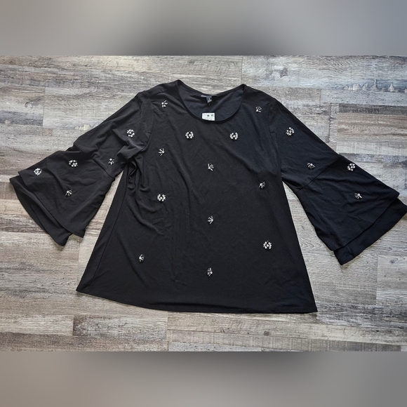 🩷💜Alfani Blouse 2X Black Top Tiered Bell Sleeve Rhinestones Beads💛🩷 - Picture 8 of 8